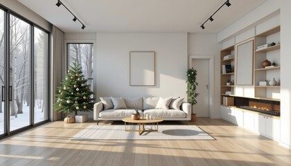 Modern bright living room interior with christmas tree cozy atmosphere minimalist design winter vibe
