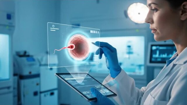 Video shows a scientist analyzing a human cell on a tablet, representing scientific research, futuristic medicine, genetic engineering, or human biology