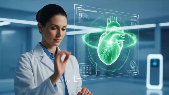 Female doctor in lab coat interacting with a holographic heart display, representing futuristic medicine, healthcare innovation and digital diagnostics - Powered by Adobe