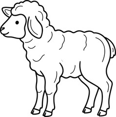 Cute sheep line drawing, black and white farm animal, wool texture, standing sheep illustration, cartoon livestock, children’s coloring page