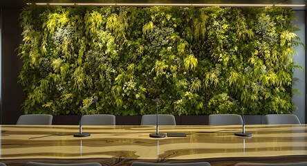 Conference Room with Living Wall and Wooden Table for Meetings.