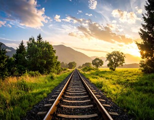 A scenic view of train tracks disappearing into the horizon with mountains, trees, and a vibrant sunset
