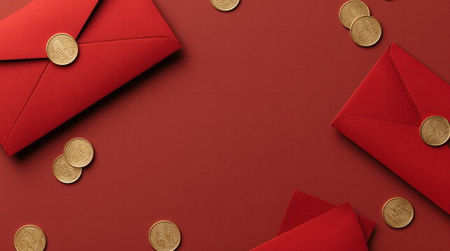 Red Envelopes Gold Wax Seal Coins Background