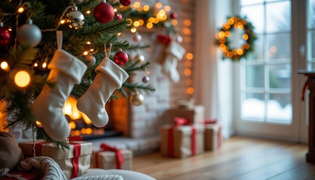 Warm holiday spirit cozy living room christmas decor indoor scene close-up joyful vibes