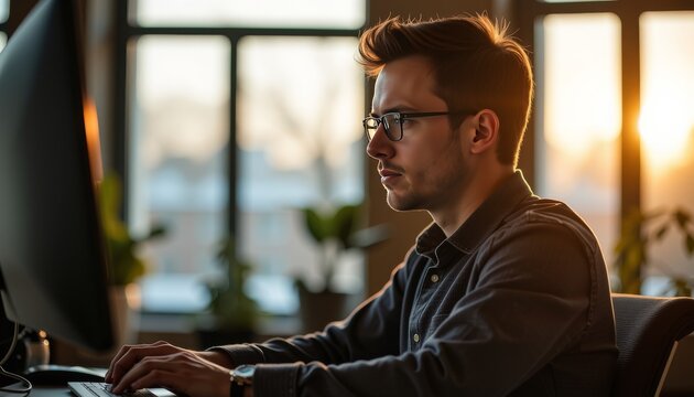 Young man in glasses working on computer at home office modern workspace evening light - Powered by Adobe