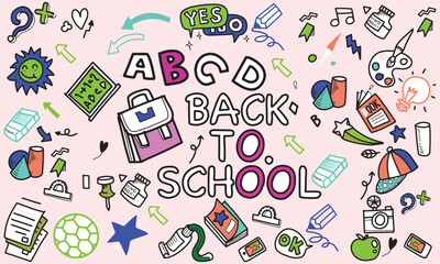 Back to school doodle set, vector hand drawn wax crayon kids education print, cartoon stationery. Colorful pencil student supply objects, backpack, classroom items. Cute back to school illustration