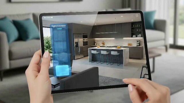 Digital tablet displays home's kitchen interior. Touch interface represents control, technology, automation, remote access and smart home innovation