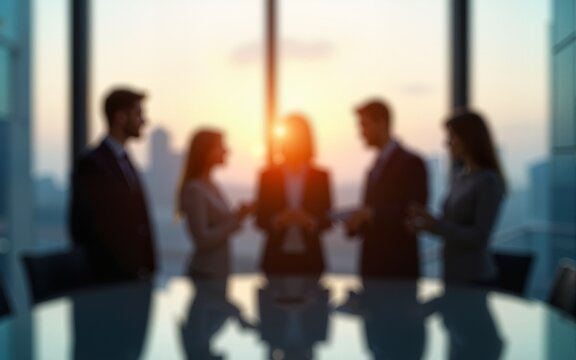 Blurred silhouettes of a business team in a modern office meeting room with large glass windows conveying a concept of professionalism teamwork and collaborative decision making. High quality