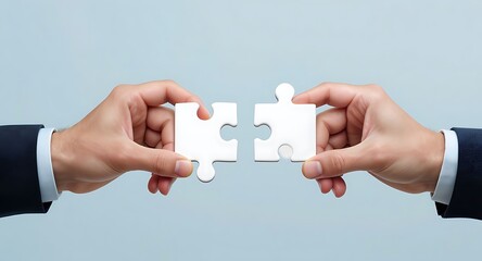 Hands holding puzzle pieces, symbolizing teamwork, collaboration, and problem-solving in business.