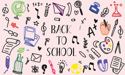 Back to school doodle set, vector hand drawn wax crayon kids education print, cartoon stationery. Colorful pencil student supply objects, backpack, classroom items. Cute back to school illustration
