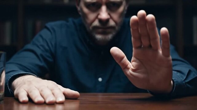 A mature man refuses drink, representing choice, power over addiction, control, willpower, sober life, health, rejection and personal strength