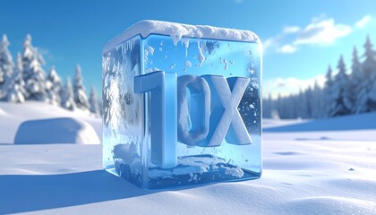 Frozen TX Text in Ice Cube on Snowy Landscape.
