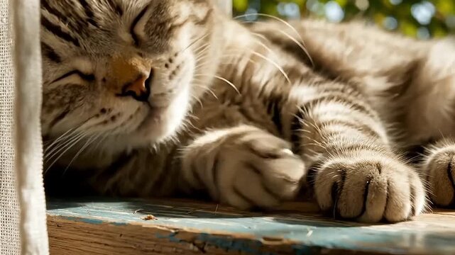 Tabby cat sleeping peacefully on a wooden surface in sunlight  