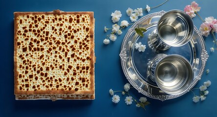 Traditional Passover Seder Plate and Matzah Bread on a Blue Background.