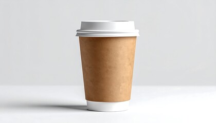 Studio shot of a brown disposable coffee cup with a white lid, centered against a light gray background. Soft, even lighting