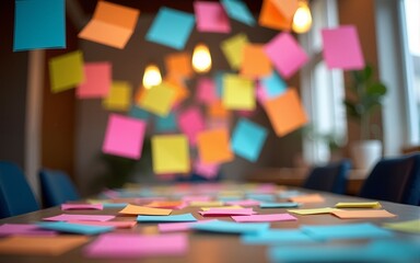 Colorful sticky notes floating in creative workspace, symbolizing brainstorming and idea generation. vibrant colors and blurred lights create inspiring atmosphere. High quality