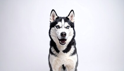 Studio shot of a husky dog, with a black and white coat and striking blue eyes. It has an open mouth with its tongue visible