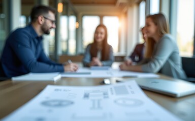 Blurred view of a modern office with blueprints on a desk and people talking in the background. High quality