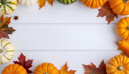 Fall harvest celebration with colorful pumpkins and leaves on white wooden background