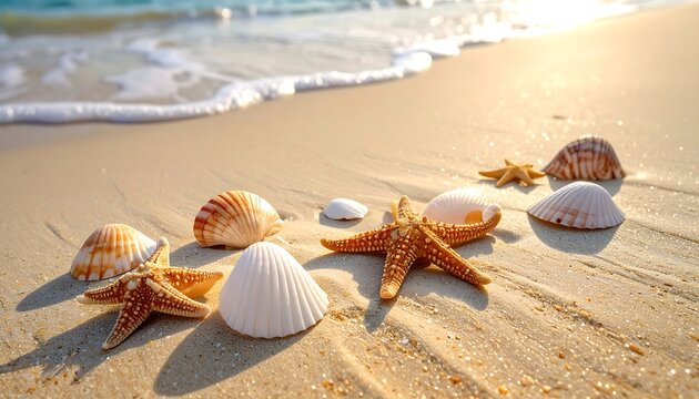 Sunlight glistens on seashells and starfish arranged on a sandy beach, waves softly lapping the shore