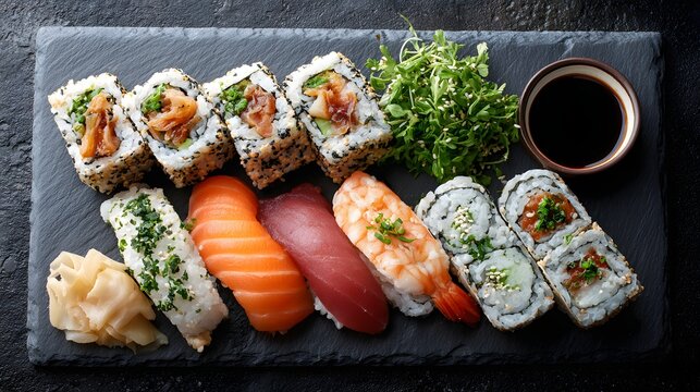 Fresh assorted sushi platter featuring nigiri, maki rolls, wasabi, and soy sauce on a black stone plate