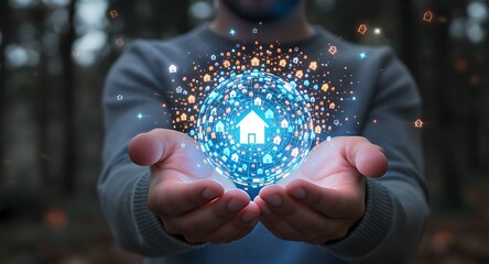 Man Holding Digital House Concept - Smart Home Technology and Innovation.