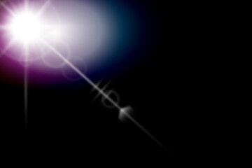 White and purple light flare with bright star reflection effect on dark black background