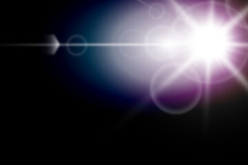 White and purple light flare with bright star reflection effect on dark black background