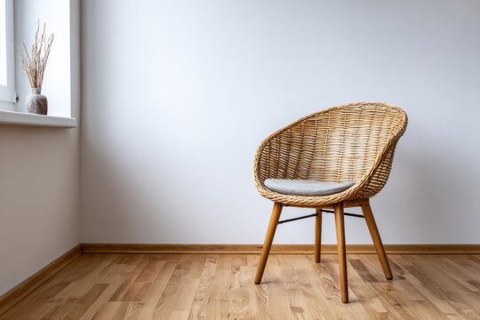 Woven wicker armchair rests on polished wooden floor beside bright window nook
