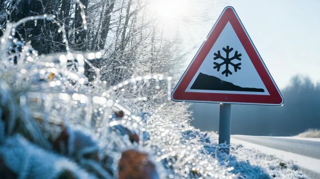 Cautionary road sign marking slippery road conditions in winter beside a frozen roadside.