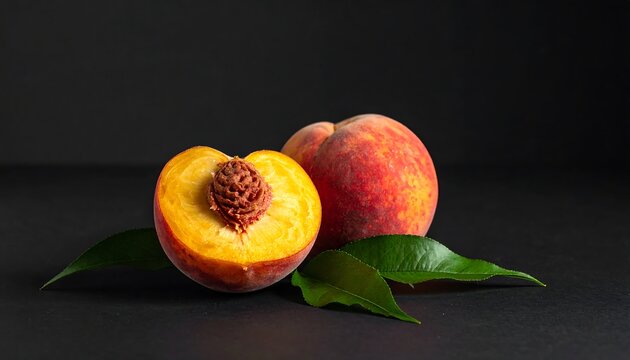 Studio shot of a sliced ripe fruit next to a whole fruit, with green leaves on black background. The fruit has vibrant colors and a detailed pit