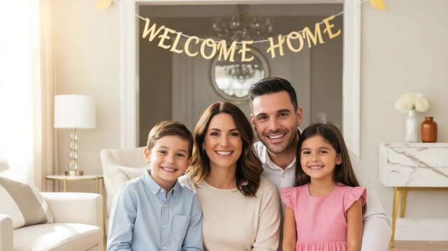 Welcome home family reunited after deployment with son and daughter in their living room. Welcome home family is smiling and warm in their domestic setting, creating a loving moment.