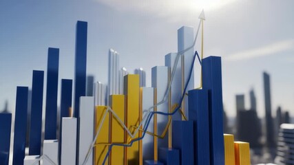 Financial chart shows statistical data with rising line against skyscrapers. Financial chart illustrates data analysis and stock market performance. See financial chart in financial promotional video. - Powered by Adobe