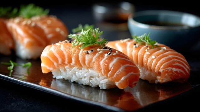 Fresh salmon nigiri sushi pieces with rice and herbs served on a black slate plate