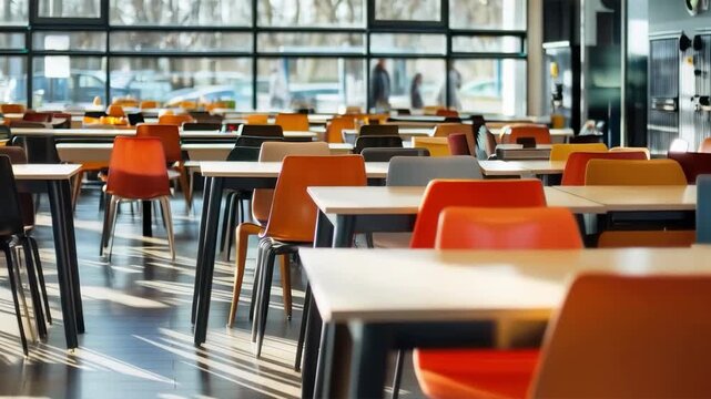 A bright room with rows of orange tables and chairs is suitable for showcasing modern educational spaces, providing the ideal backdrop for presentations by educational institutions.
