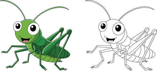 Cartoon grasshopper illustration, cute insect drawing, green bug character, coloring book page, children’s educational animal art, vector design, outline