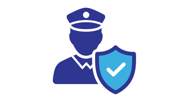 A blue security guard icon with a shield a flat graphic silhouette