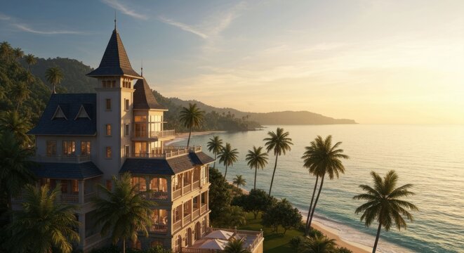 A coastal mansion bathed in warm sunset light, beachfront view