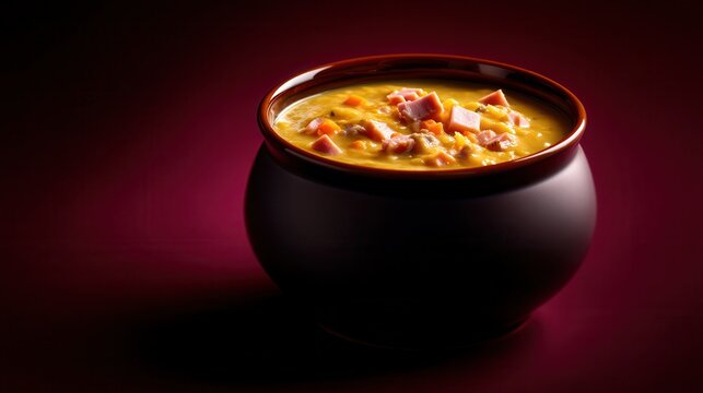Hearty Split Pea Soup With Ham Served in Rustic Brown Earthenware Bowl Displayed Against Burgundy Background