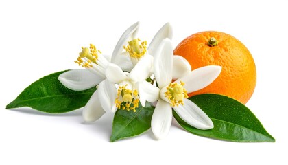 Studio shot of citrus fruit alongside delicate white blossoms and vibrant green leaves, captured on a clean, bright white background