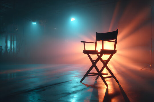 Director's chair in a dramatic, empty film studio with warm and cool lighting