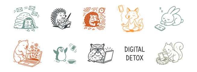 Cartoon color animals practicing digital detox through reading, planting, and mindfulness, set of vector, tracing