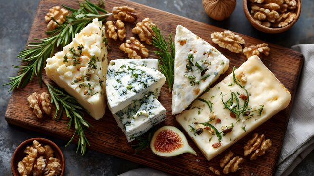 Selection of different cheeses served with walnuts, herbs, and figs on rustic wooden board