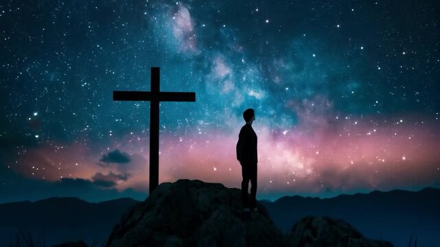 Under a starry sky on a rocky hill, the silhouette of a person near a cross symbolises reflection and spiritual quest &mdash; this visual background is suitable for illustrations of philosophical texts or r