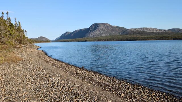 The Long Point Brook with the Narrows viewed from the Trout River Pond trail in the Gros Morne National Park (Trout River, Newfoundland, Canada)