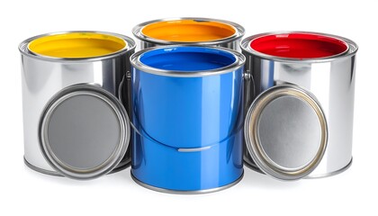 Studio shot of five open metal paint cans. The cans display vibrant primary and secondary colors. A lid sits in front of the blue can