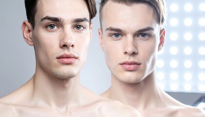 Studio shot of two fair-skinned young men, one on left with dark hair & right with light, posing with a light panel in background