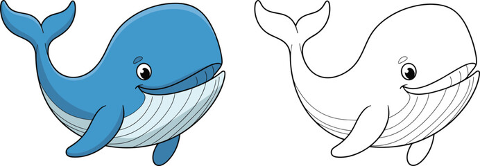 Cartoon whale illustration, cute marine animal drawing, happy ocean character, children coloring book page, aquatic wildlife vector art design