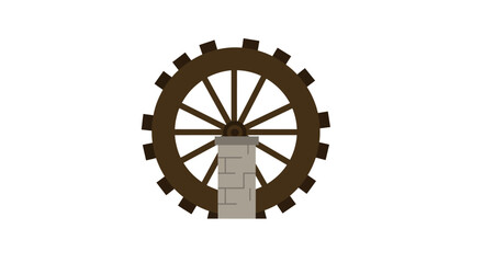 A brown water wheel supported by a grey stone pillar on a white background