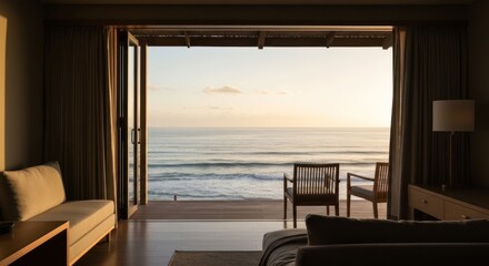 A serene bedroom overlooking a tranquil ocean at sunrise, with open doors